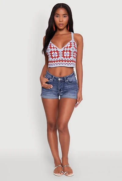 Womens Trendy Color Blocked V-Neck Crochet Crop Top, Multi, Size M-L