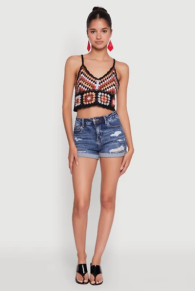 Womens Boho Crochet Sleeveless V-Neck Crop Top, Multi, Size M-L