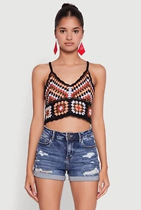 Womens Boho Crochet Sleeveless V-Neck Crop Top, Multi, Size M-L