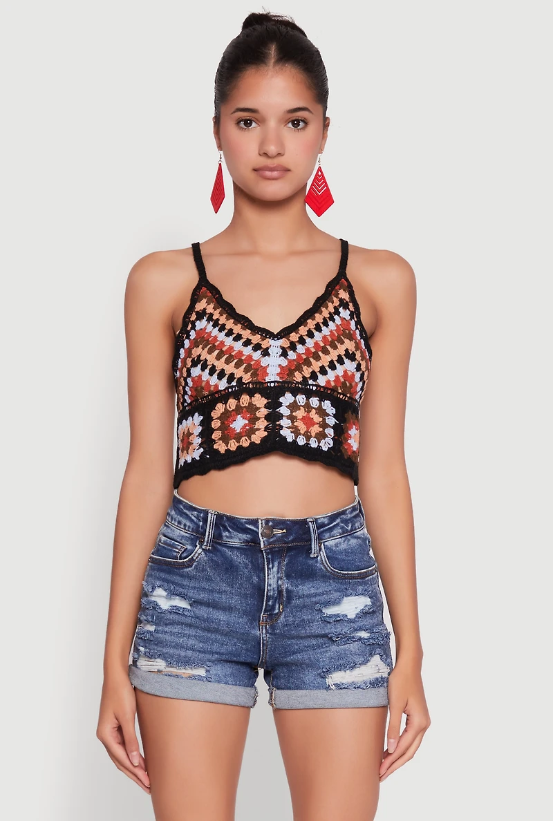 Womens Boho Crochet Sleeveless V-Neck Crop Top, Multi,