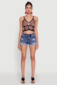 Womens Boho Crochet Sleeveless V-Neck Crop Top, Multi, Size M-L