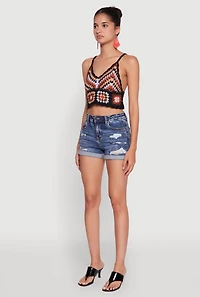 Womens Boho Crochet Sleeveless V-Neck Crop Top, Multi, Size M-L