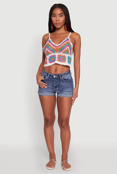Womens Boho Crochet Sleeveless V-Neck Crop Top, Multi,