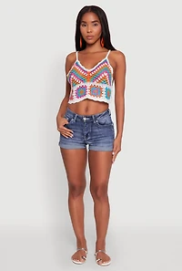 Womens Boho Crochet Sleeveless V-Neck Crop Top, Multi,