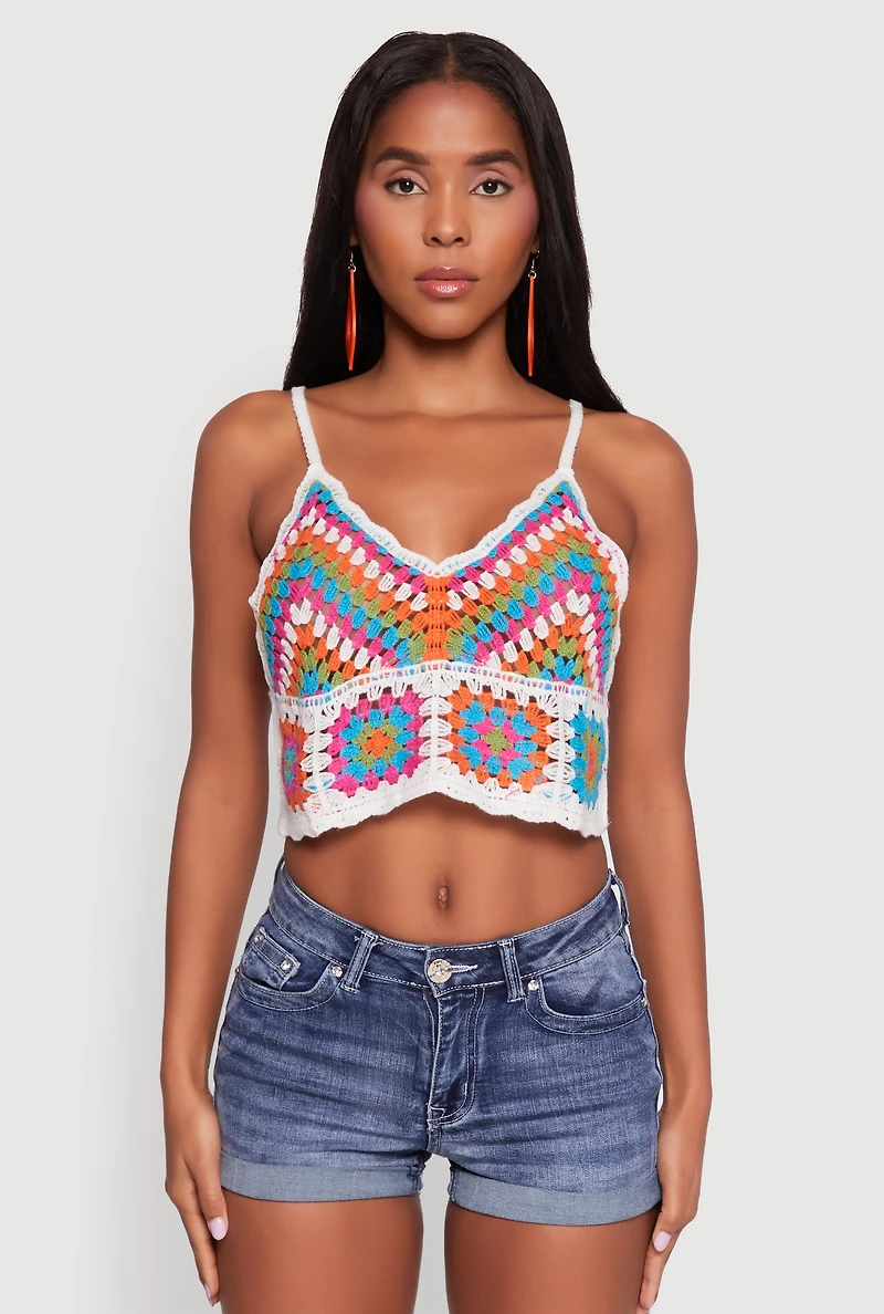 Womens Boho Crochet Sleeveless V-Neck Crop Top, Multi, Size M-L