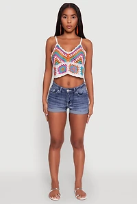 Womens Boho Crochet Sleeveless V-Neck Crop Top, Multi,
