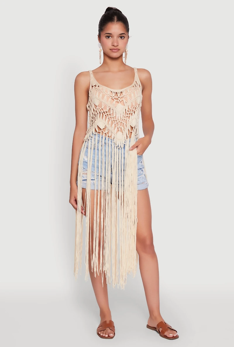 Womens Trendy Crochet Scoop Neck Fringe Maxi Top, Beige,