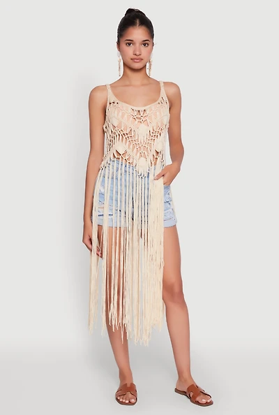 Womens Trendy Crochet Scoop Neck Fringe Maxi Top, Beige,