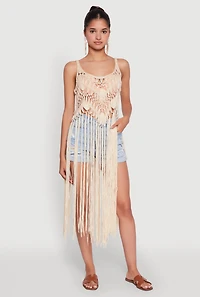 Womens Trendy Crochet Scoop Neck Fringe Maxi Top, Beige,