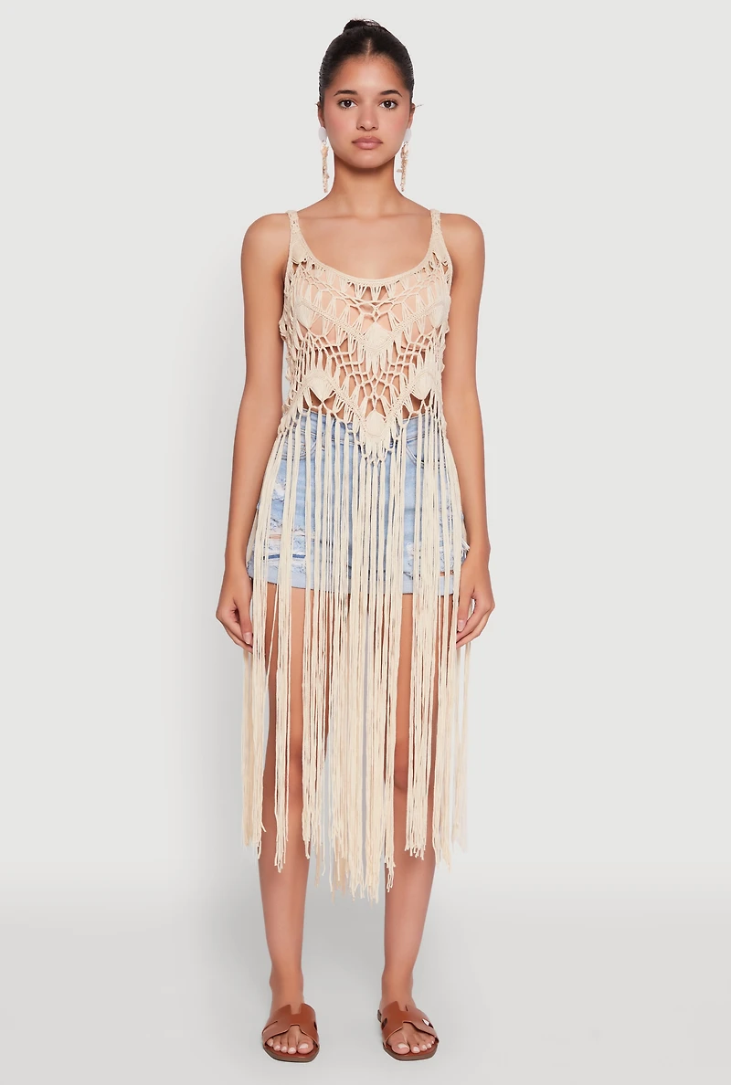 Womens Trendy Crochet Scoop Neck Fringe Maxi Top, Beige,