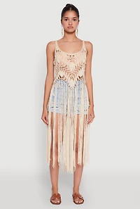 Womens Trendy Crochet Scoop Neck Fringe Maxi Top, Beige,