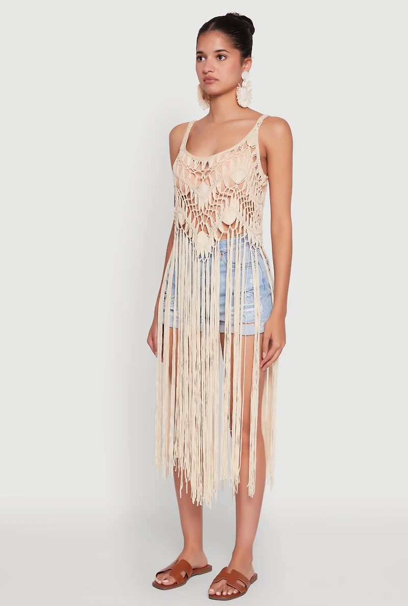 Womens Trendy Crochet Scoop Neck Fringe Maxi Top, Beige,
