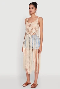 Womens Trendy Crochet Scoop Neck Fringe Maxi Top, Beige,