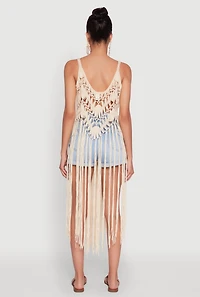 Womens Trendy Crochet Scoop Neck Fringe Maxi Top, Beige,