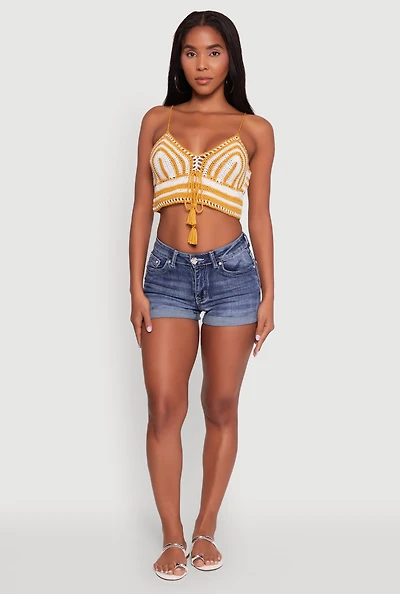 Womens Trendy Crochet Striped Sleeveless Crop Top with Tassel Tie Front, Yellow, Size XS-S