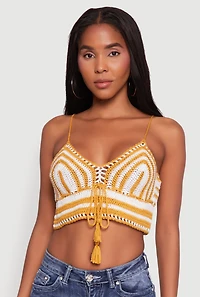 Womens Trendy Crochet Striped Sleeveless Crop Top with Tassel Tie Front, Yellow, Size XS-S