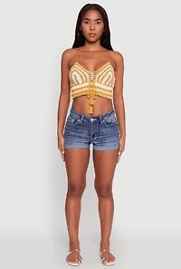 Womens Trendy Crochet Striped Sleeveless Crop Top with Tassel Tie Front, Yellow, Size XS-S