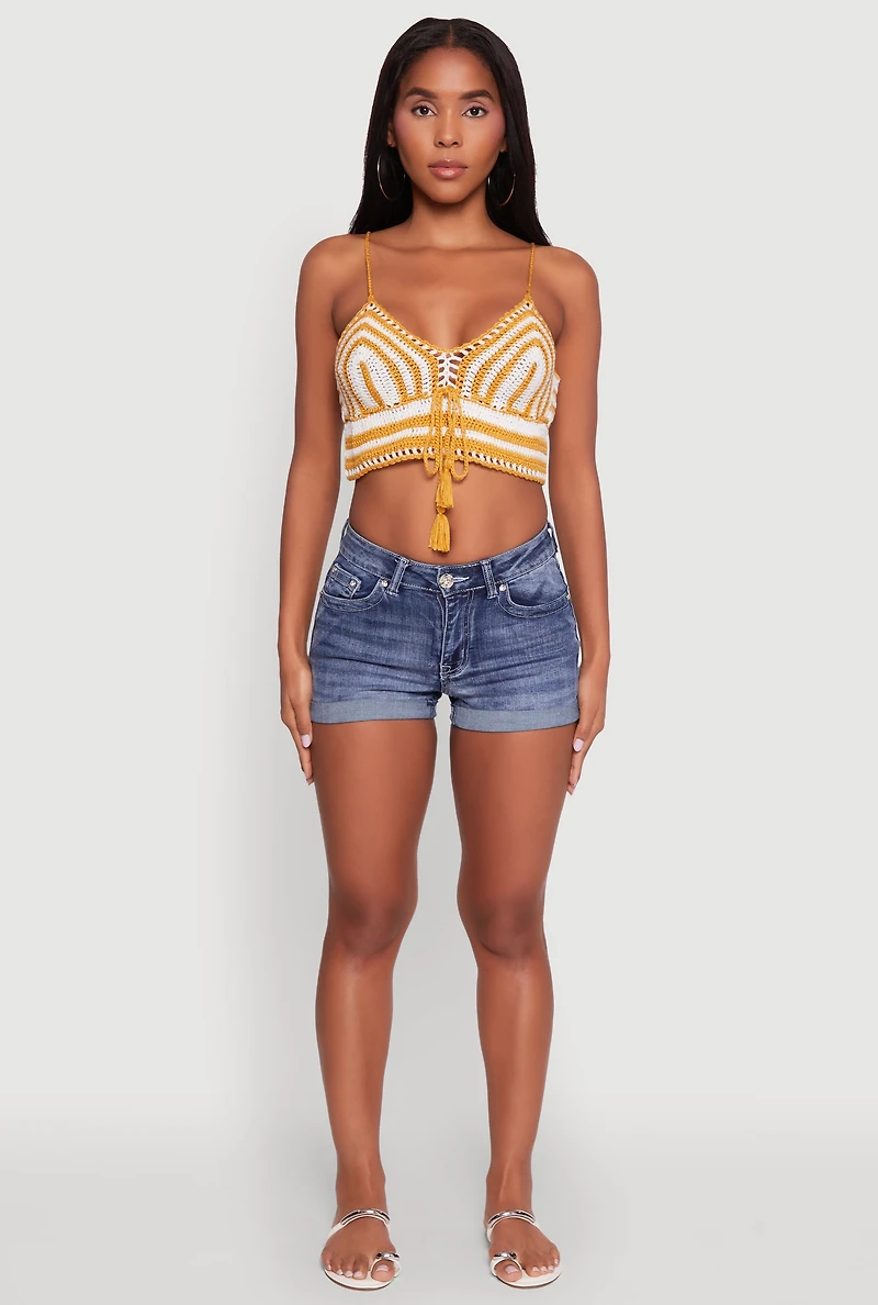 Womens Trendy Crochet Striped Sleeveless Crop Top with Tassel Tie Front, Yellow,