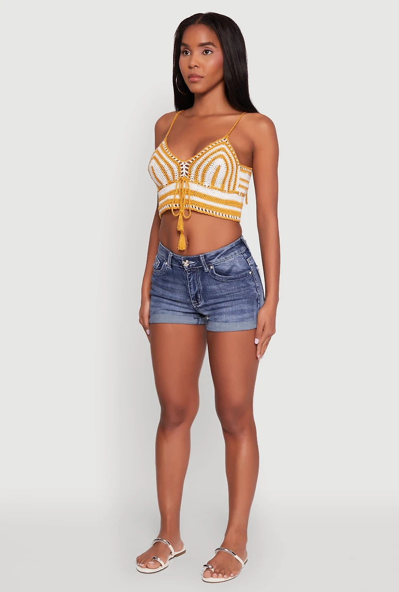 Womens Trendy Crochet Striped Sleeveless Crop Top with Tassel Tie Front, Yellow, Size M-L