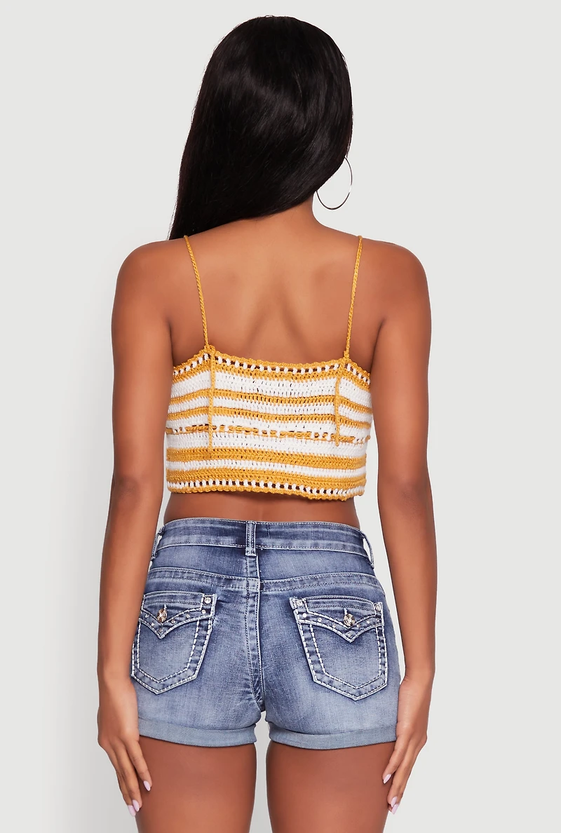 Womens Trendy Crochet Striped Sleeveless Crop Top with Tassel Tie Front, Yellow, Size M-L