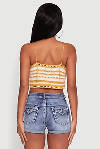 Womens Trendy Crochet Striped Sleeveless Crop Top with Tassel Tie Front, Yellow, Size M-L