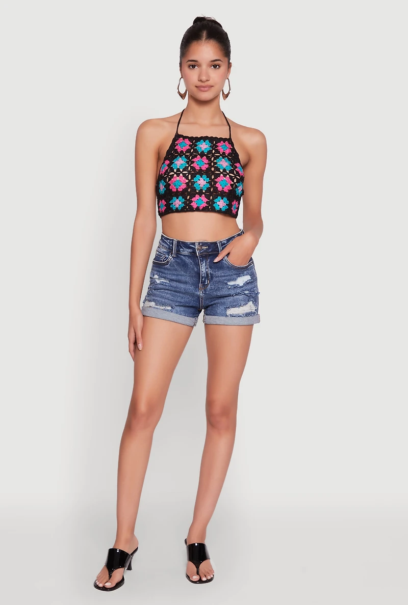 Womens Trendy Patterned Crochet Tie Back Halter Crop Top, Multi, Size M-L