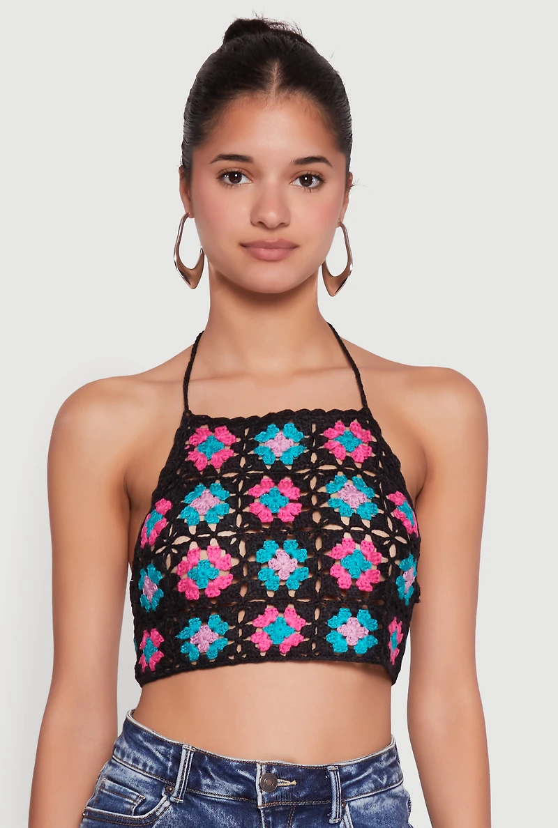 Womens Trendy Patterned Crochet Tie Back Halter Crop Top, Multi,