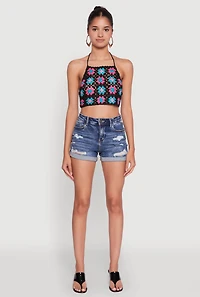 Womens Trendy Patterned Crochet Tie Back Halter Crop Top, Multi, Size M-L