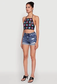 Womens Trendy Patterned Crochet Tie Back Halter Crop Top, Multi, Size M-L