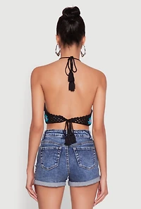 Womens Trendy Patterned Crochet Tie Back Halter Crop Top, Multi,
