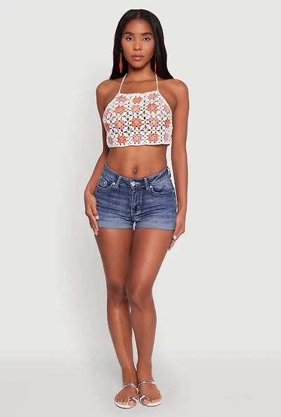 Womens Trendy Patterned Crochet Tie Back Halter Crop Top, Multi, Size M-L