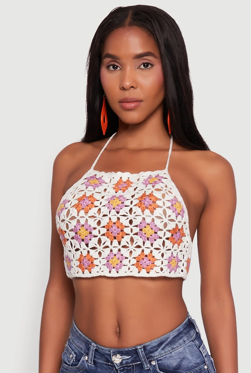 Womens Trendy Patterned Crochet Tie Back Halter Crop Top, Multi, Size XS-S