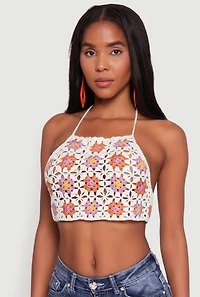 Womens Trendy Patterned Crochet Tie Back Halter Crop Top, Multi, Size XS-S