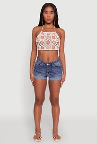 Womens Trendy Patterned Crochet Tie Back Halter Crop Top, Multi, Size XS-S