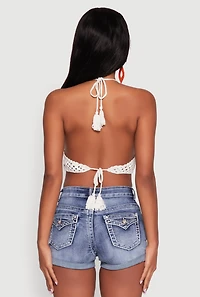 Womens Trendy Patterned Crochet Tie Back Halter Crop Top, Multi, Size XS-S