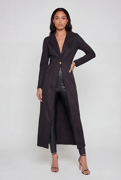 Faux Suede One Button Collared Long Jacket