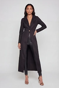 Faux Suede One Button Collared Long Jacket