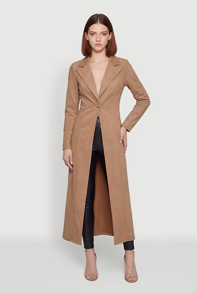 Faux Suede One Button Collared Long Jacket