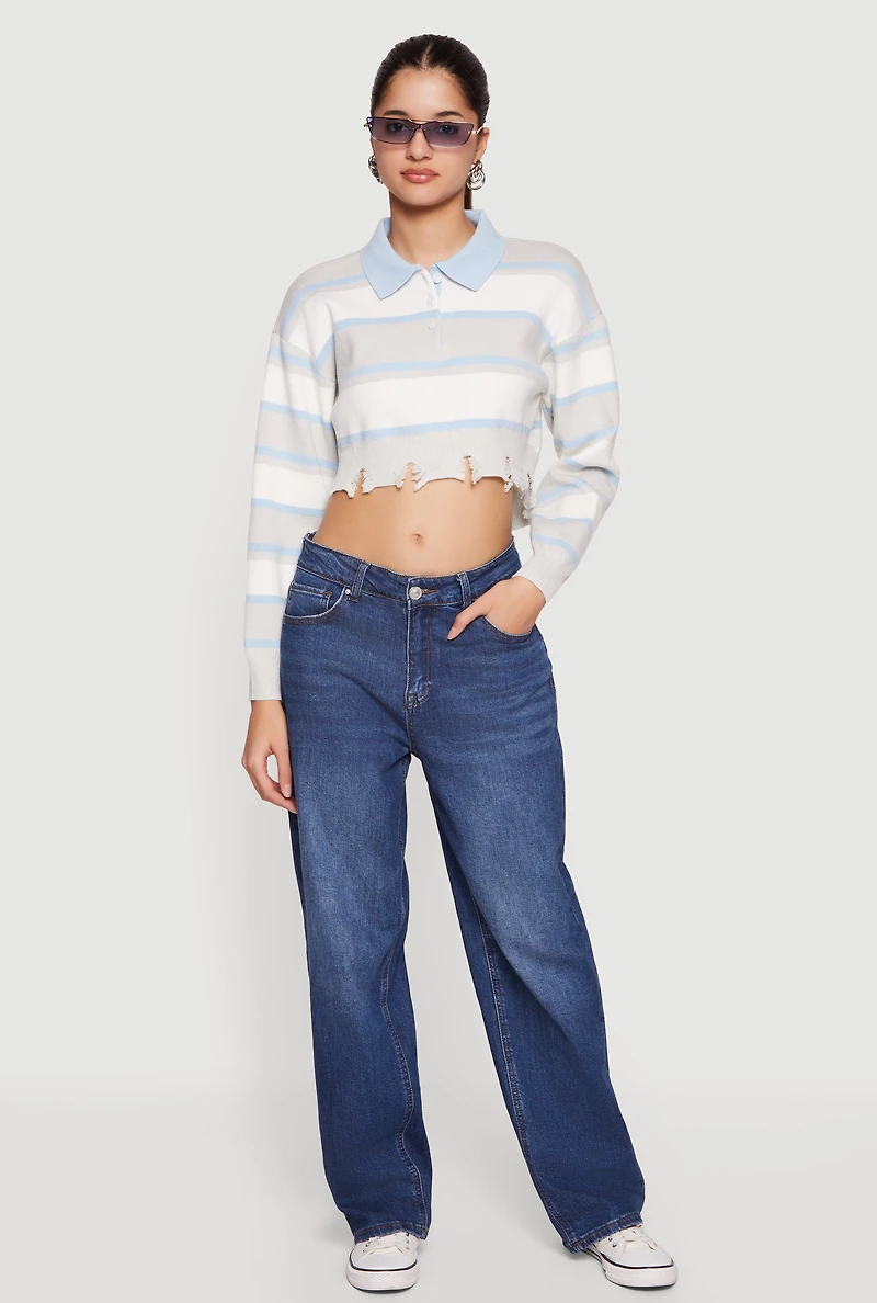 Striped Frayed Hem Cropped Polo Sweater