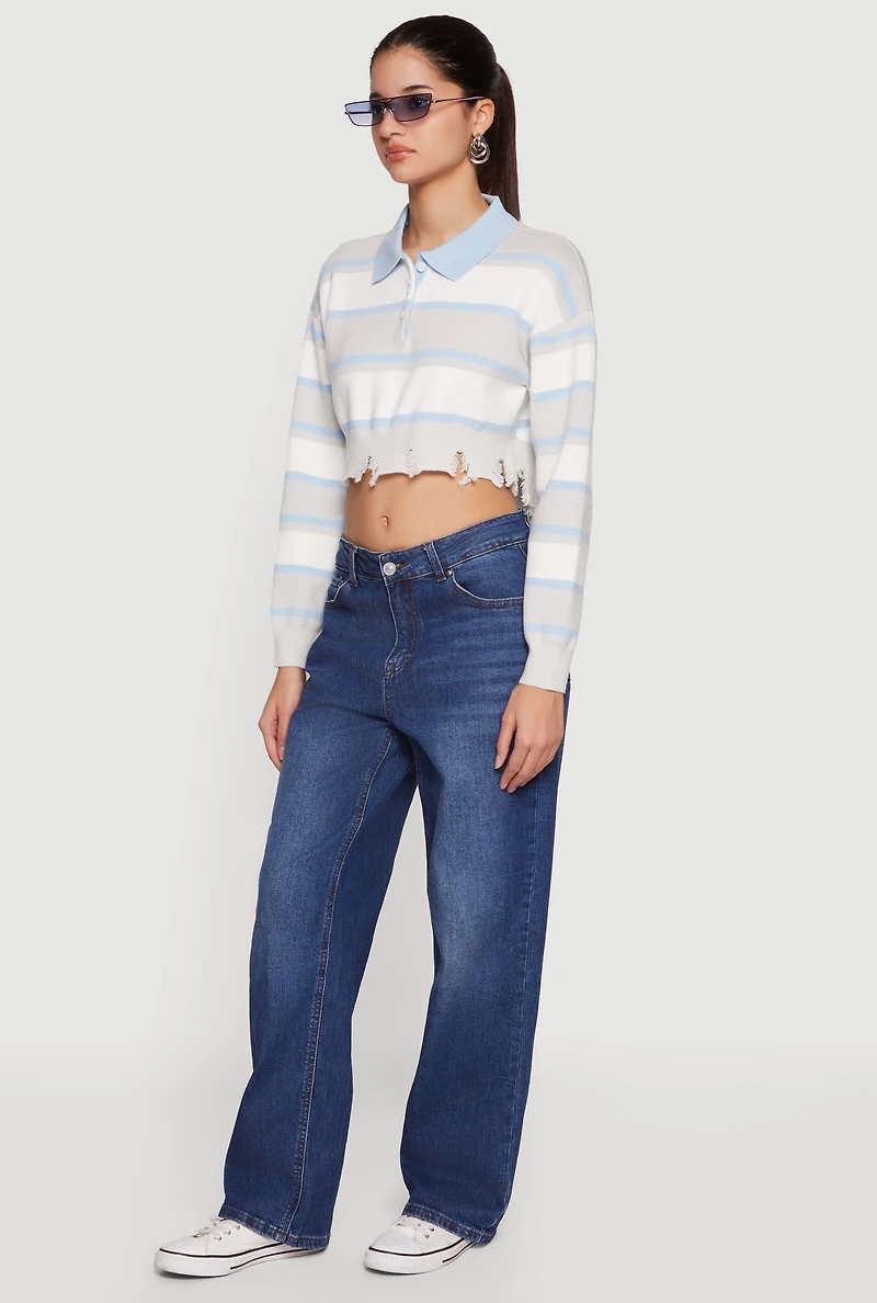 Striped Frayed Hem Cropped Polo Sweater