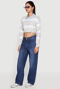 Striped Frayed Hem Cropped Polo Sweater