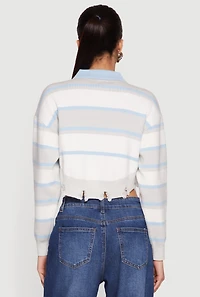 Striped Frayed Hem Cropped Polo Sweater