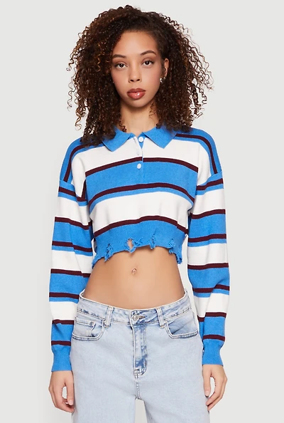 Striped Frayed Hem Cropped Polo Sweater