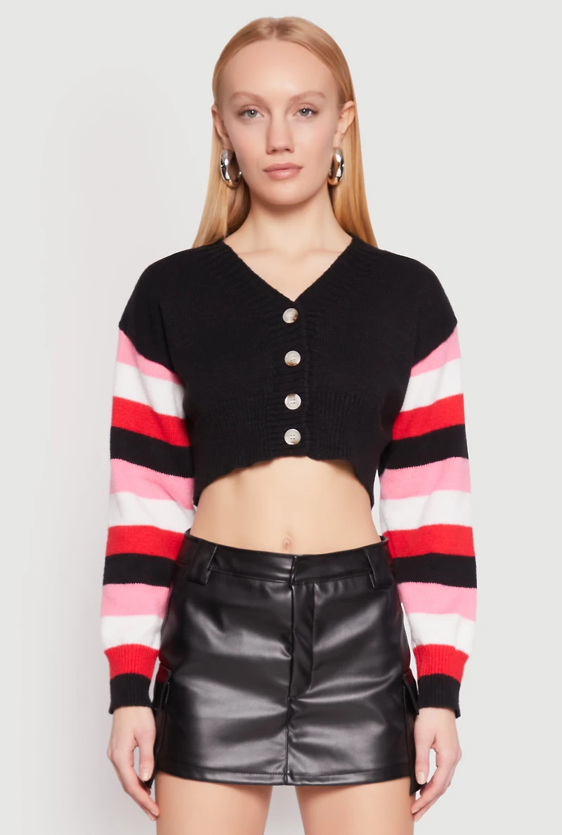 Womens Daisy Striped Sleeve Cropped Cardigan, M