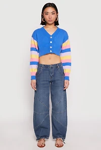Womens Daisy Striped Sleeve Cropped Cardigan, Blue, Size S