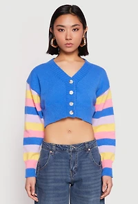 Womens Daisy Striped Sleeve Cropped Cardigan, Blue, Size S