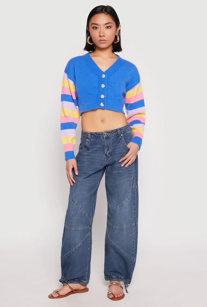 Womens Daisy Striped Sleeve Cropped Cardigan, Blue, Size S