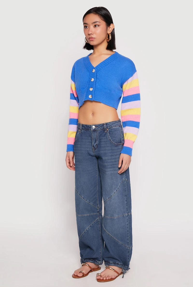 Womens Daisy Striped Sleeve Cropped Cardigan, Blue, Size S