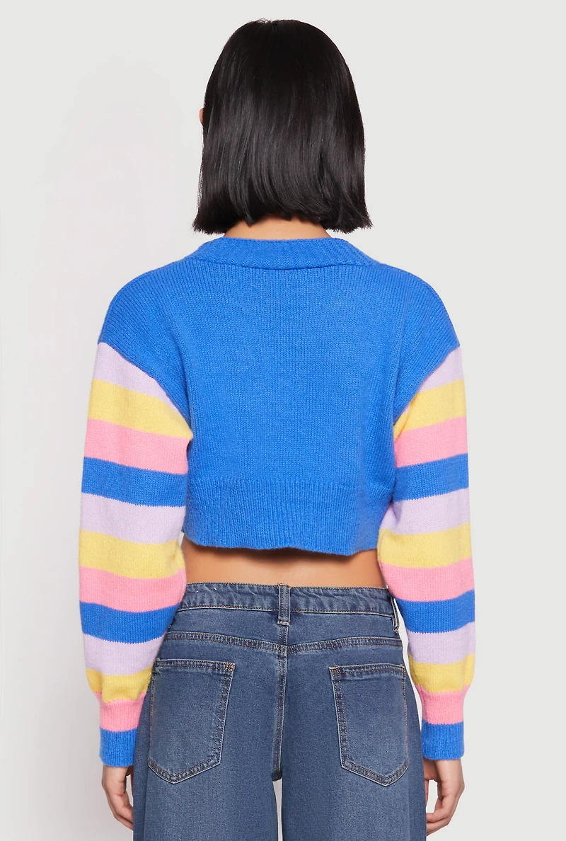 Womens Daisy Striped Sleeve Cropped Cardigan, Blue, Size S