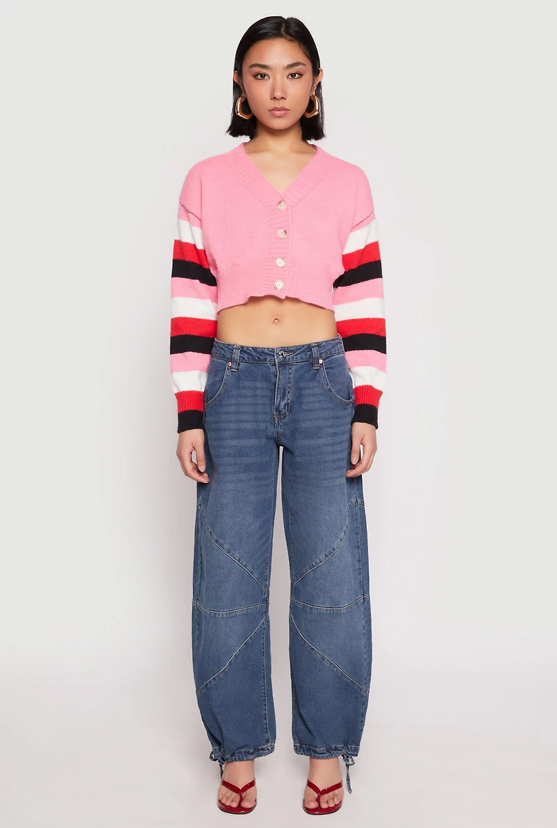 Womens Daisy Striped Sleeve Cropped Cardigan, Pink, Size L